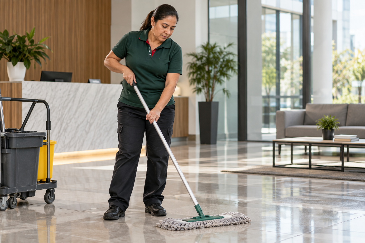Persona dando mantenimiento a un piso comercial
