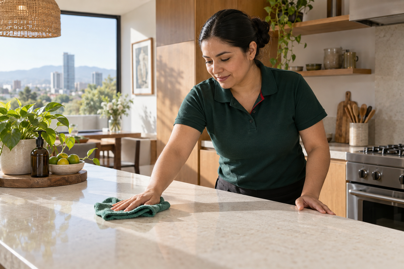 Persona limpiando una cocina residencial